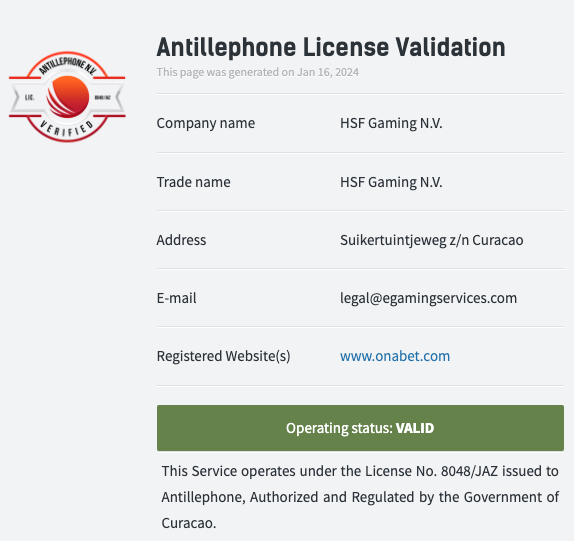 Testes e validação da licença da Ona Bet